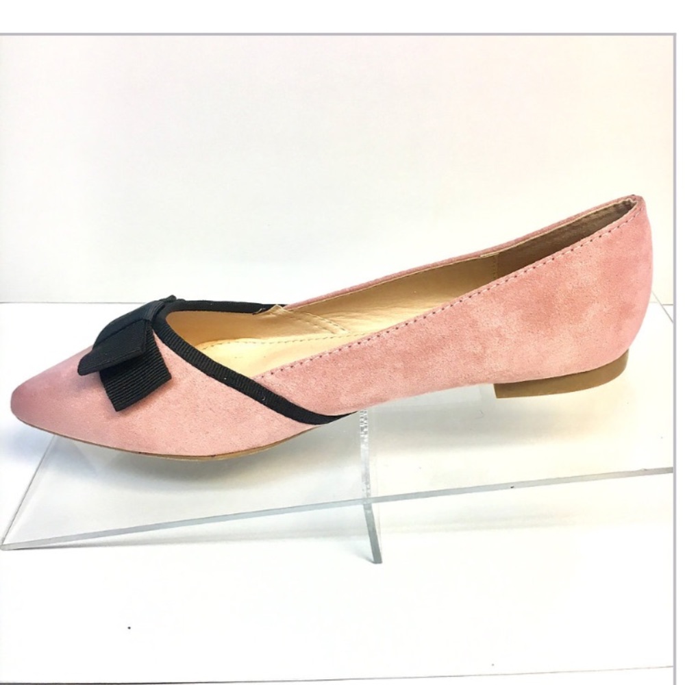 Pink Pointed Toe Flats with Black Bow - Faux Suede - Picture 2 of 7